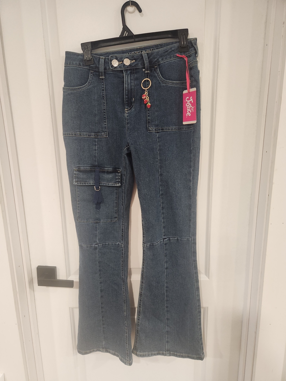 Justice Girls' Dark Blue Flare Cargo Jeans